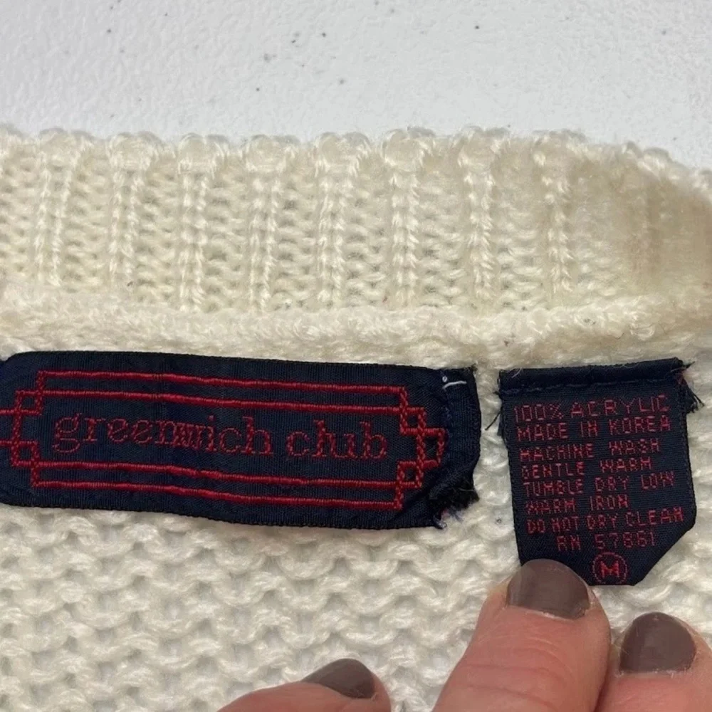 VTG 80s Women's Mallard Duck Boat Neck Sweater Cable Knit Sz M Ivory Pullover - Picture 7 of 10